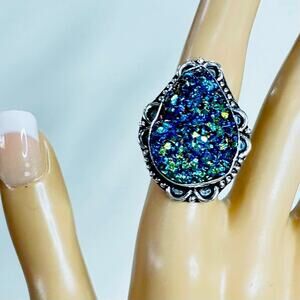 Blue titanium druzy silver plated ring. Gemstone size 6 handmade
